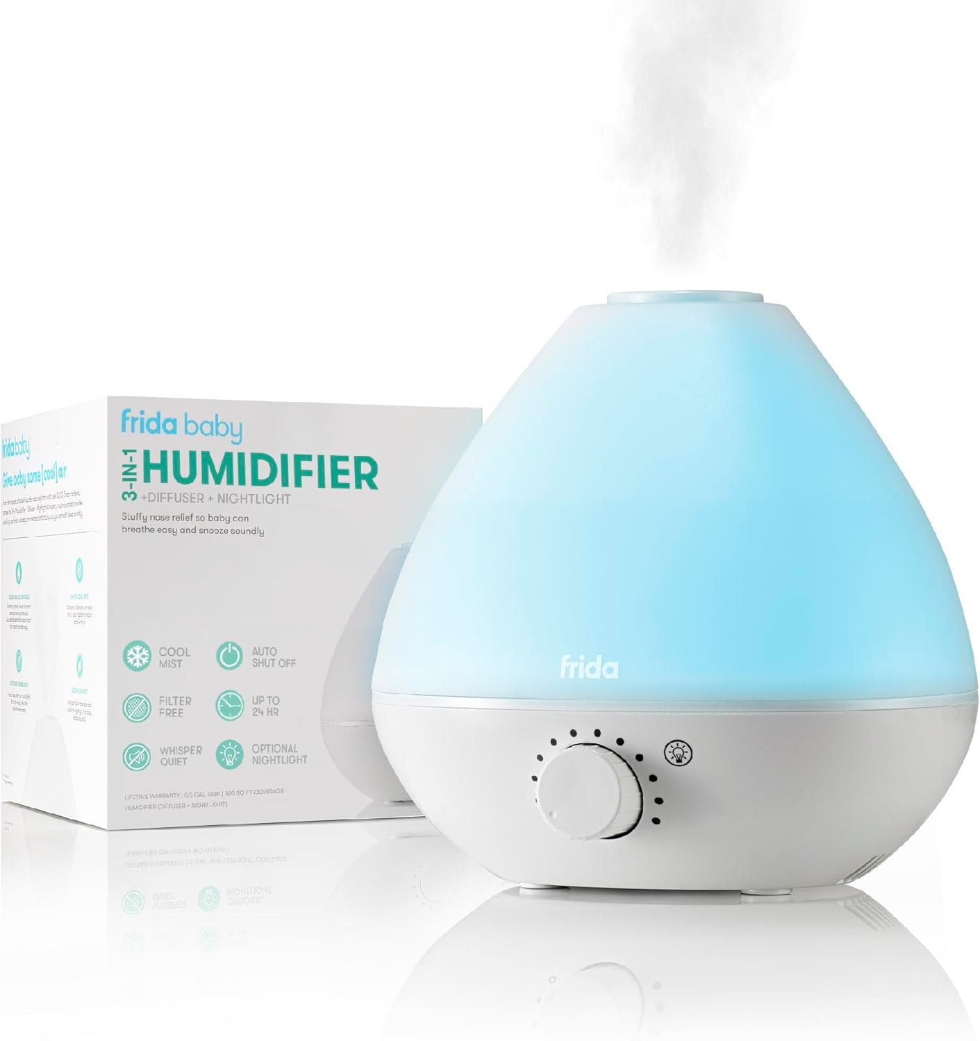 Frida Baby 3-in-1 Cool Mist Humidifier for Baby | Diffuser + Nightlight, Baby Humidifier for Bedroom, Nursery + Large Rooms, Quiet, Auto Shut Off, Runs 12+ hrs
