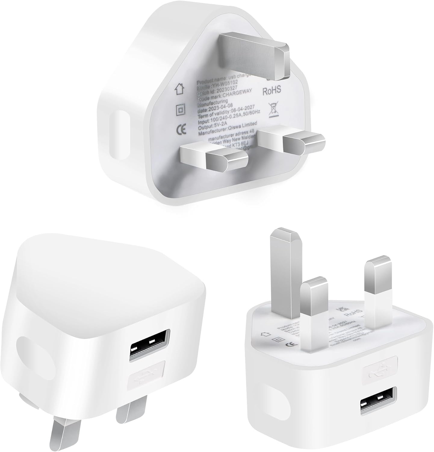 3 Pack White USB Plugs for iPhone & Other Mobiles - Compatible with Samsung & iPads - 3 Pin USB Adapter Plugs - UK Mains Chargers