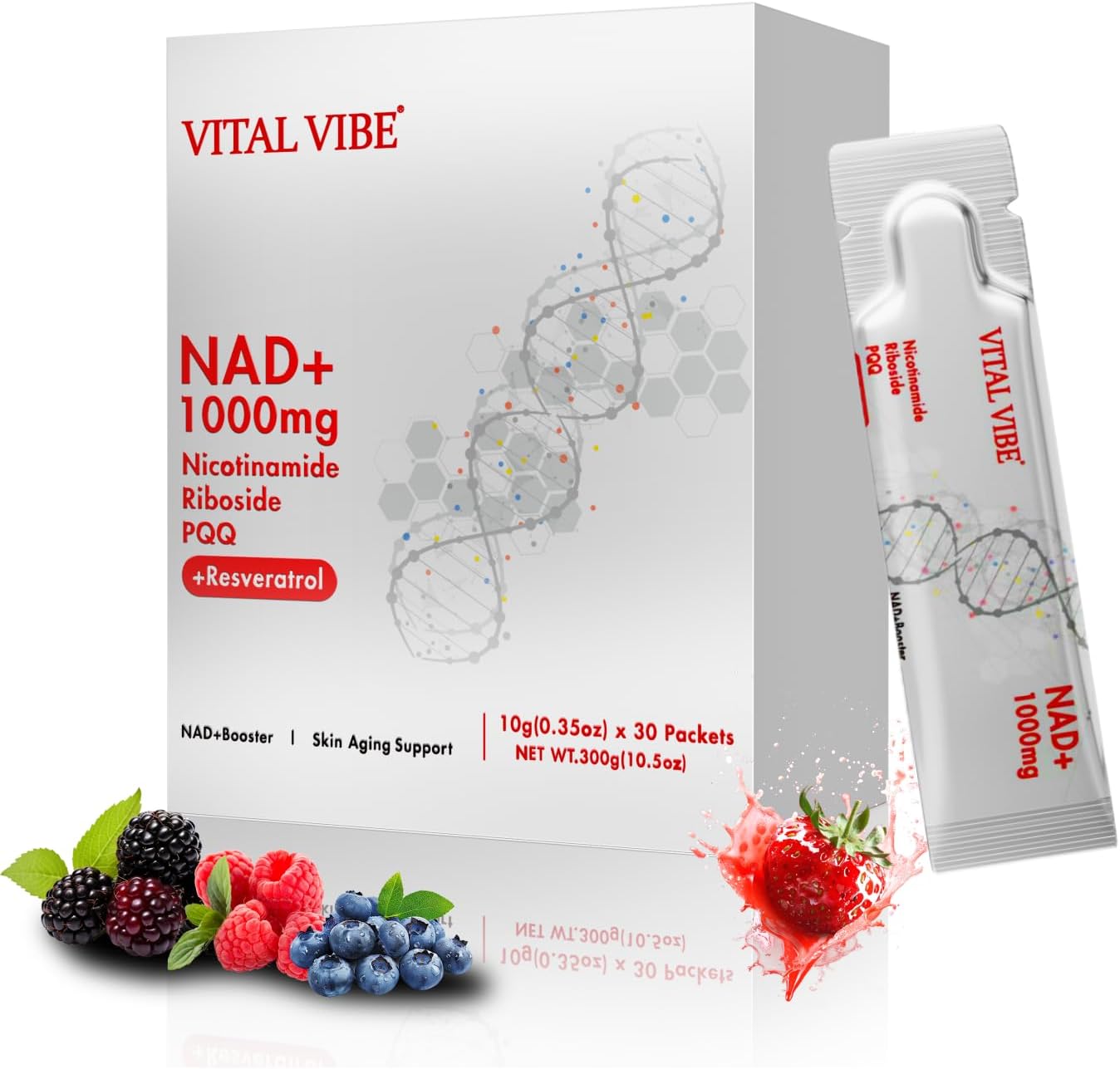 NAD Supplements UK, with Nicotinamide Riboside, Resveratrol & PQQ, 10.5 fl. oz NAD Liquid for Men & Women, Anti-Aging, Energy, Focus, Fast-Absorption Berry Flavor Drink Mix (1000mgLiquid 30 Packets)