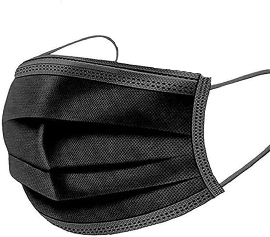 BML 50 x Black Disposable Face Masks | 3- Layer High Filterability Breathable Mouth Cover with Elastic Ear-Loops Mask | Travel-Friendly Convenience for Adults