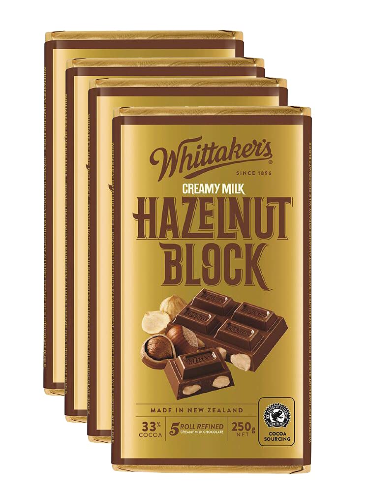 Whittaker's Hazelnut Chocolate Block 250g (Pack of 4)(Made in New Zealand)