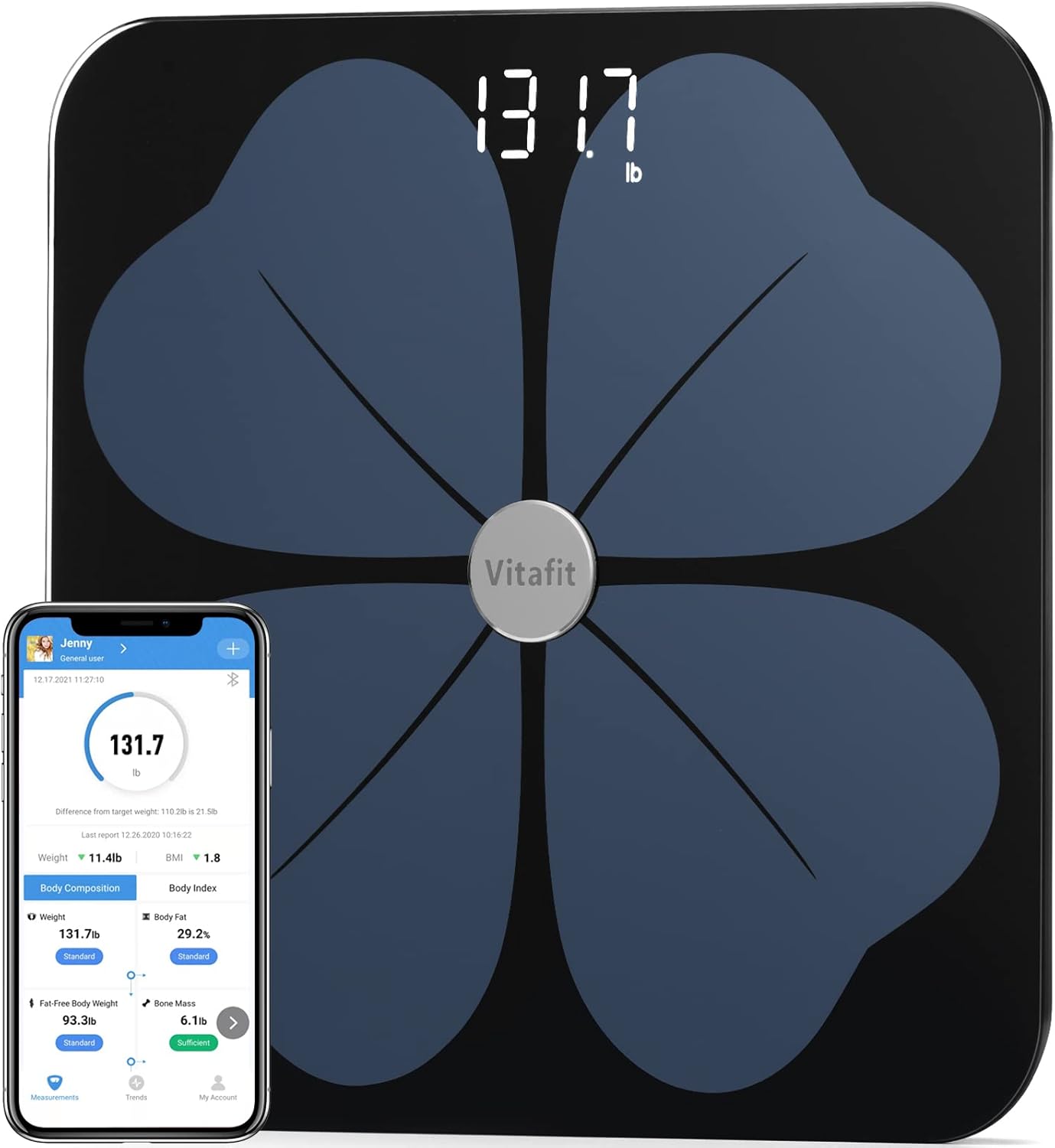 Vitafit Smart Body Fat Weight Scale for Body Composition Monitors, Weighing Professional Since 2001, Digital Wireless Bathroom Scale for BMI Fat Water Muscle with App,400lb, Black