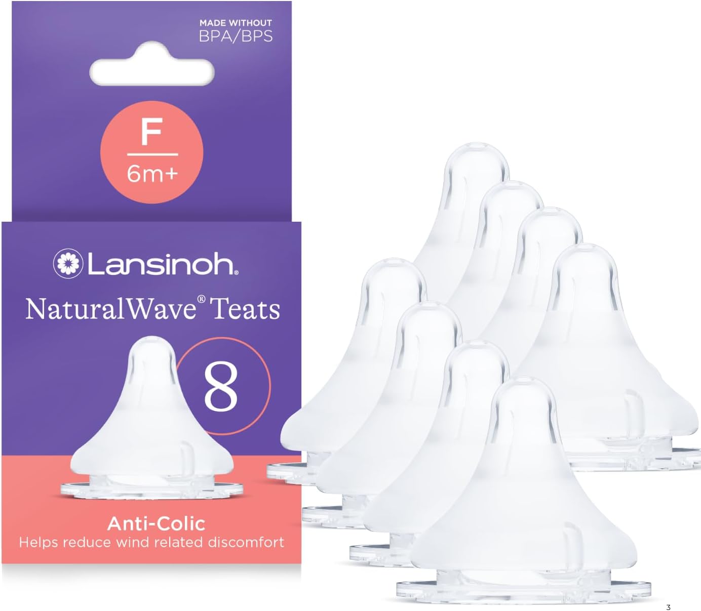 Lansinoh NaturalWave Baby Bottle Teats - Fast Flow 8 Pack - Anti-Colic Air Vent - BPA & BPS-Free - Clinically Proven to Reduce Nipple Confusion - Compatible with Lansinoh Bottles