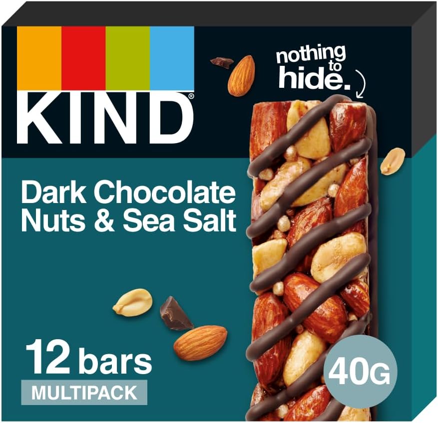 KIND Bars, Gluten Free Snack Bars, Dark Chocolate Nuts & Sea Salt, High Fibre, Healthy Snack, No Artificial Colours, Flavours or Preservatives, Multipack 12 x 40g