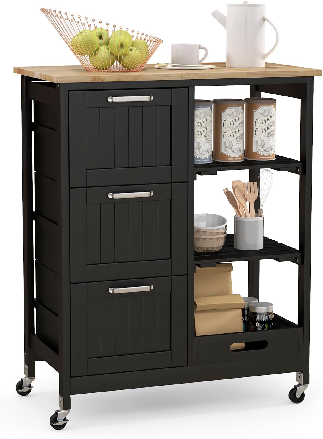 COSTWAY Kitchen Island Cart, Rolling Storage Trolley with 3 Drawers, Open Shelves and Wheels, Mobile Serving Utility Cart Organiser for Dining Room Restaurant Bar (Black)