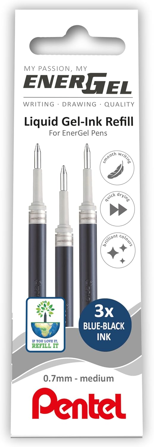 Pentel EnerGel 0.7mm Refill Wallet of 3 - Blue Black
