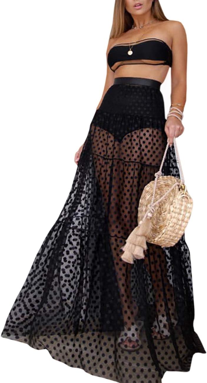 xxxiticat Women's Sexy Polka Dot Splicing See Through Maxi High Waisted Transparent Long Pleated Mesh Skirts(NO Underwear)