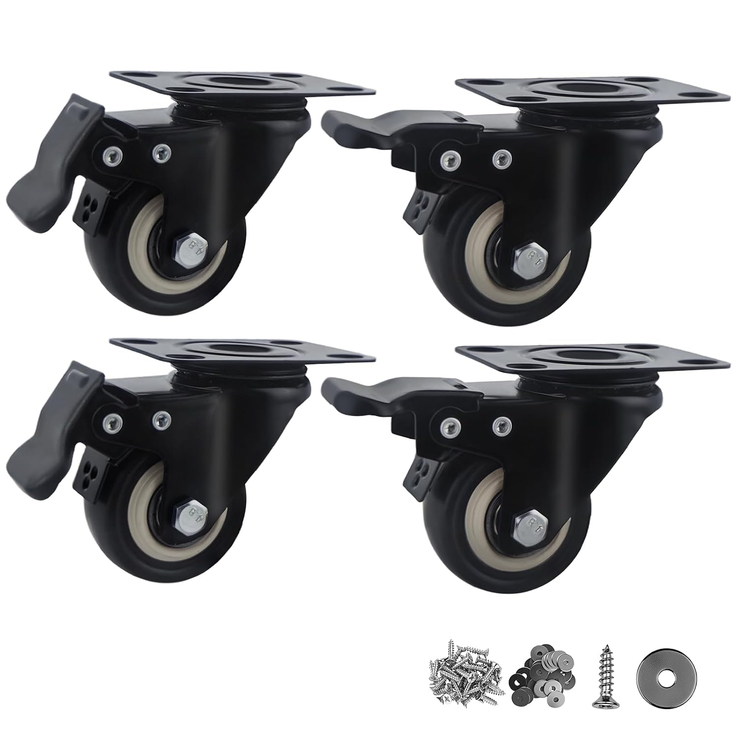 2 Inch Caster Wheels,Set of 4 Heavy Duty Casters,with Brake,No Noise Locking Polyurethane (PU) Wheels, for Furniture and Workbench Load 800lbs