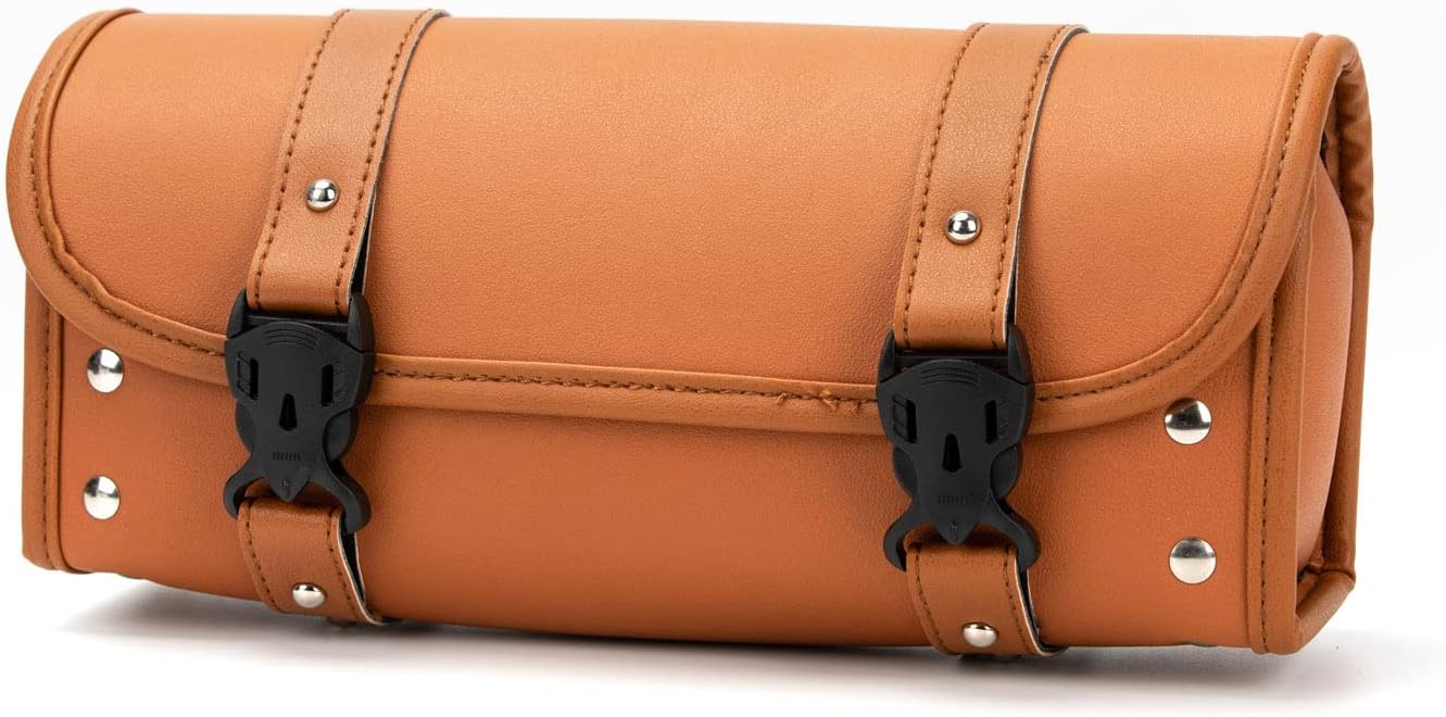 Motorcycle Tool Bag, Universal Motorcycle Handlebar Bag, Motorcycle Fork Bag PU Leather Brown Roll Saddlebags, Waterproof Sissybar Storage Bag with 2 Starps
