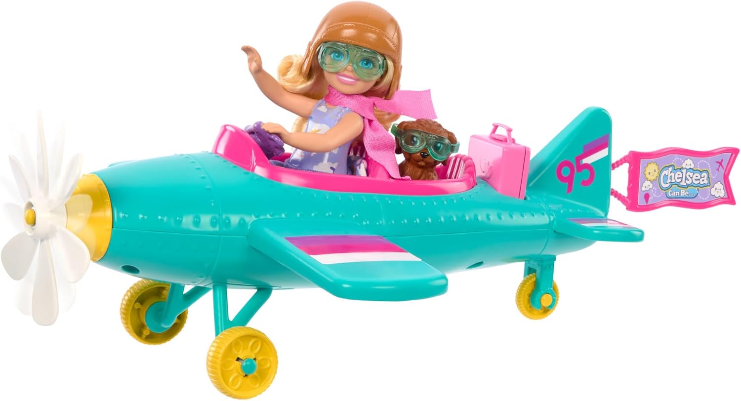 Barbie Chelsea Can Be Doll & Plane Playset, 2-Seater Aircraft with Spinning Daisy Propellor & 7 Accessories, Including Puppy & Stickers, HTK38