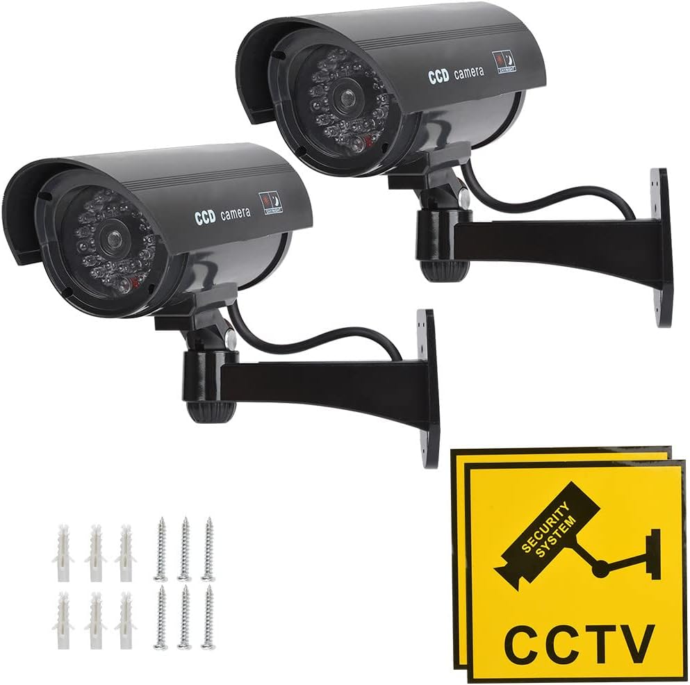 TIMESETL 2Pack Dummy Camera Waterproof Bullet Shape Black Fake Security Camera with Red Flashing LED + Yellow CCTV Signs, Wireless Wall Mount Plugs + Screws