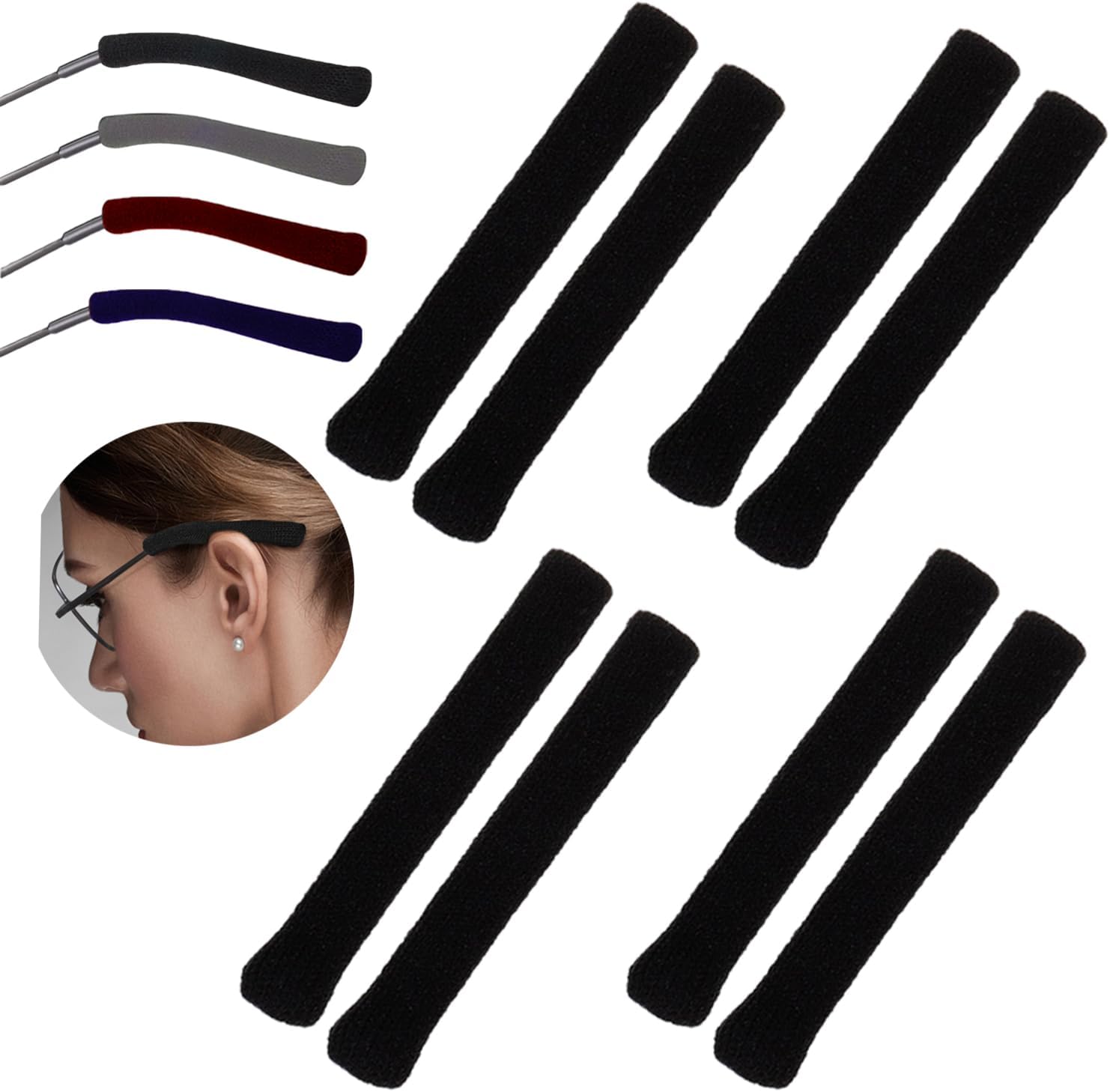 4 Pairs Eyeglass Ear Cushions,Soft Knitting Cotton Fabric Glasses Ear Grippers Anti SlipTemple Tips Sleeve Retainer,Glasses Arm Cushion for Sunglasses, Glasses Accessories(4 BLACK)