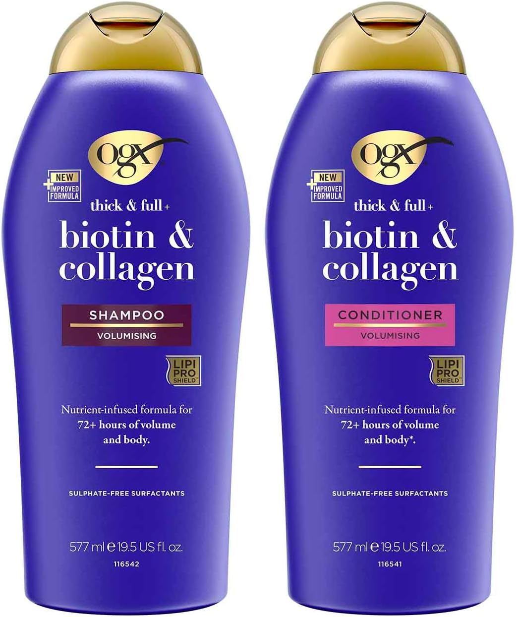 OGX Biotin and Collagen, Thick & Full Volumising Hair Bundle, Shampoo (1x 577ml) and Conditioner (1x 577ml), with Vitamin B7 Biotin and Collagen for Fine Hair, Sulfate Free Surfactants, 72-Hour Volume