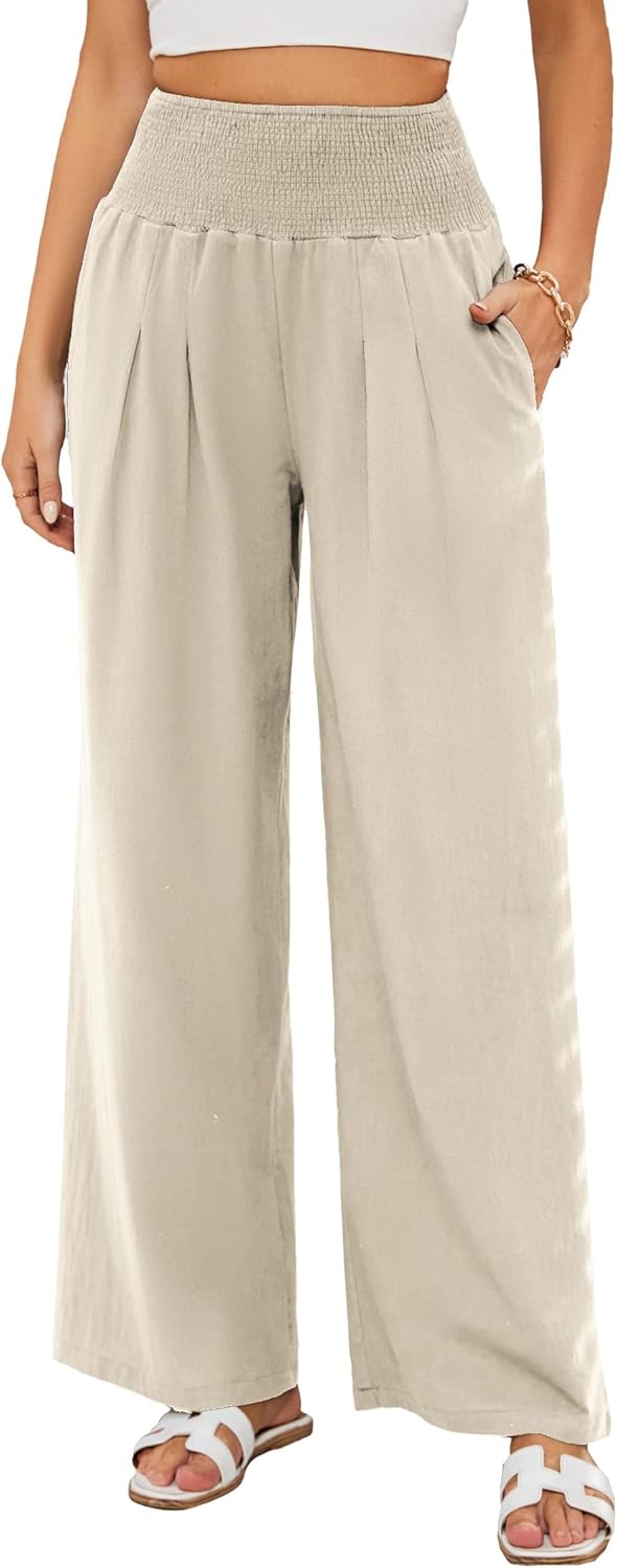 Famulily Womens Solid Color Summer Pants Ladies Loose Fit Casual Linen Wide Leg Pants with Pockets S-2XL