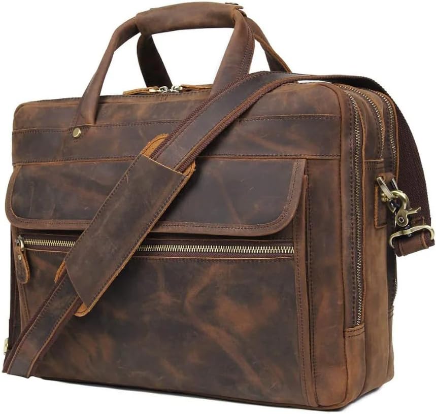 Premium Full Grain Leather Messenger Bag for Men Rustic Vintage Laptop Briefcase with Multiple Compartments Durable Business Work Bag with Adjustable Strap