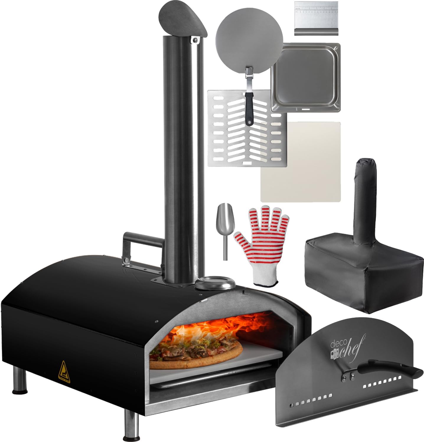 Deco Chef Outdoor Pizza Oven with 2-in-1 Pizza and Grill Oven Functionality, 13" Pizza Stone, Portable 3-Layer Stainless Steel Construction, Pizza Peel, Dough Scraper, Scoop, Slotted Grill (Black)