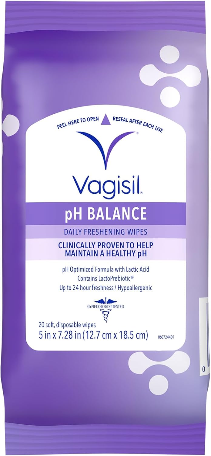 Vagisil pH Balance Daily Freshening Wipes for Feminine Hygiene in Resealable Pouch, Gynecologist Tested & Hypoallergenic, 20 Wipes (Pack of 1)