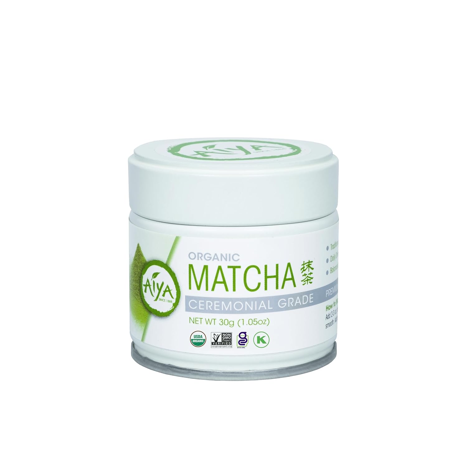 Aiya Organic Ceremonial Grade Matcha Powder - Premium Matcha Ceremonial Grade, Vibrant Jade Green Color, Mild Natural Sweetness, Japanese Tea Ceremonies - 30g Tin