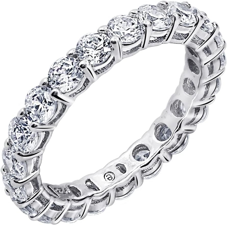 Amazon Essentials Platinum or Gold Plated Sterling Silver All-Around Band Ring set with Round Infinite Elements Cubic Zirconia (previously Amazon Collection)