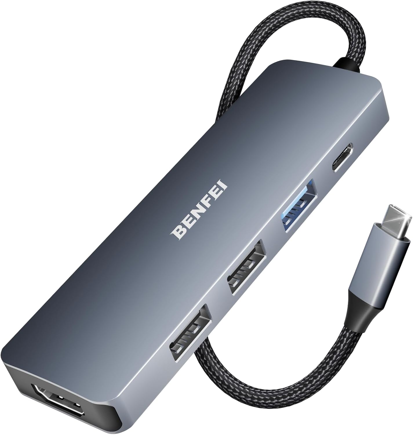 BENFEI USB-C Hub 5-in-1 with 4K HDMI, 3 USB-A 3.2 GEN2 10Gbps, 100W PD, Silicone Woven Cable, Aluminum Case, Compatible with MacBook, iPad, iPhone 15/16 Series