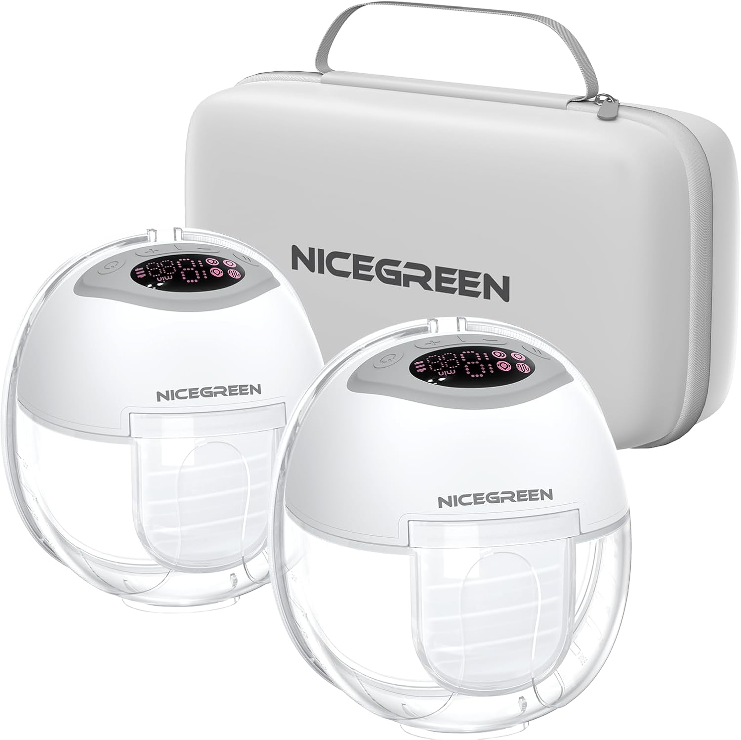 NICEGREEN Wearable Breast Pump S32, Hospital-Grade Hands-Free Electric Breastfeeding Pump, 9 Adjustable Suction Levels, Portable Wireless Double Breast Pump with Carrying Bag, 24mm, 2 Pack, Grey