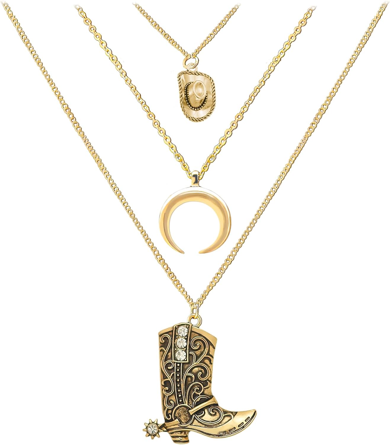 RechicGu Layered Boho Western Cowgirl Necklace For Women Bull Head Moon Crescent Cowboy Boot Charm Pendant Western Necklace Jewelry For Country Concert Outfits
