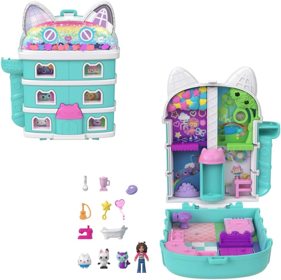 Polly Pocket x Gabby’s Dollhouse Compact, Micro Dolls and Playset, 9 Themed Accessories, Pandy Paws, Cakey, & Mercat Pet Friends