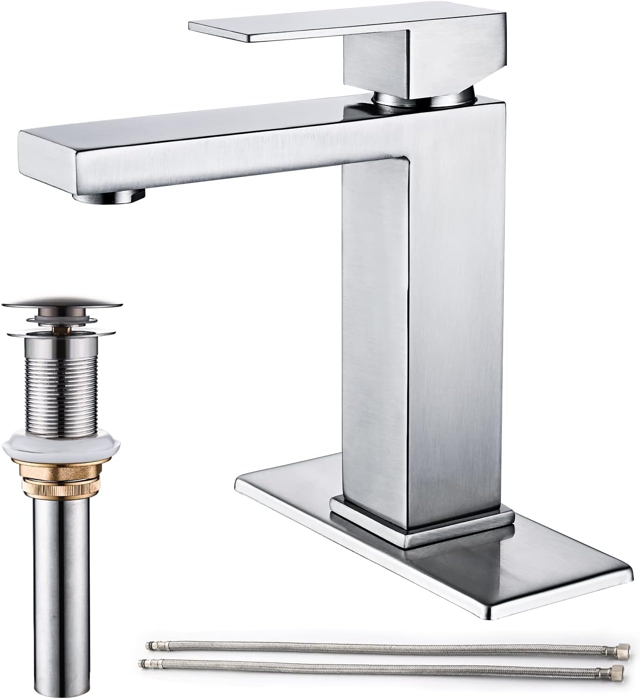 Brushed Nickel Bathroom Faucet, Single Hole Vanity Bath Faucet, Single Handle Modern Stainless Steel Bathroom Faucets for Sink 1 Hole with Pop Up Drain Stopper & Water Supply Hoses
