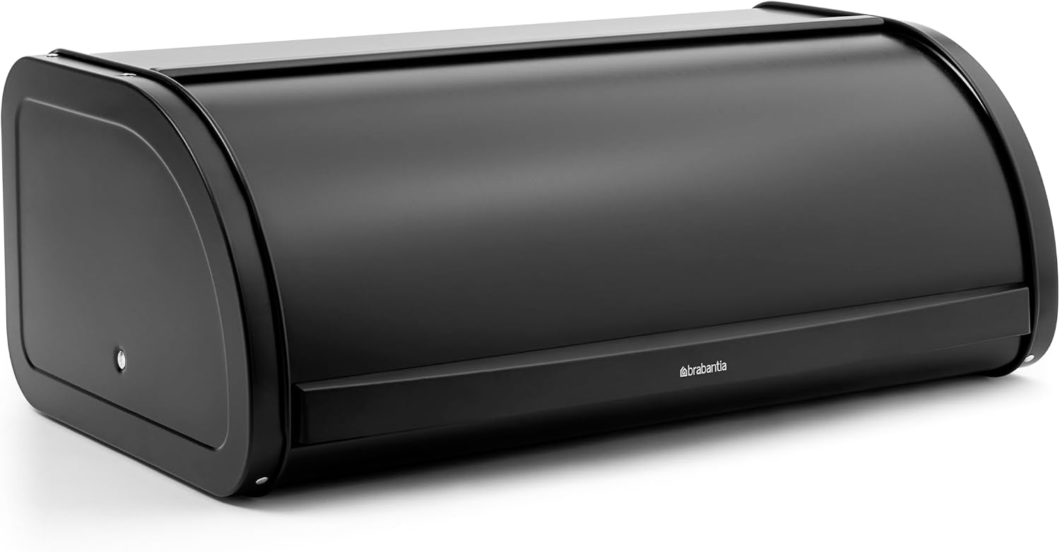 Brabantia - Roll Top Bread Bin - Canister for 2 Loaves of Bread - Extra Storage Space due to Flat Top - Keeps Content Fresh - Kitchen Storage Box - Steel - Matt Black - 45 x 26 x 17 cm
