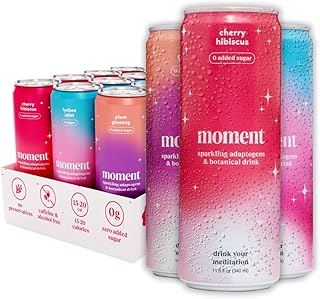 Moment Sparkling Adaptogenic Soda Soft Drinks - Flavorful Healthy Soda with L-Theanine & Ashwagandha for Calm & Clarity | 0 Added Sugar, 0 Alcohol | 12-pack | Mocktails