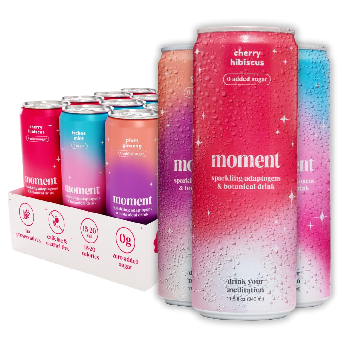 Moment Sparkling Adaptogenic Soda Soft Drinks - Flavorful Healthy Soda with L-Theanine & Ashwagandha for Calm & Clarity | 0 Added Sugar, 0 Alcohol | 12-pack | Mocktails