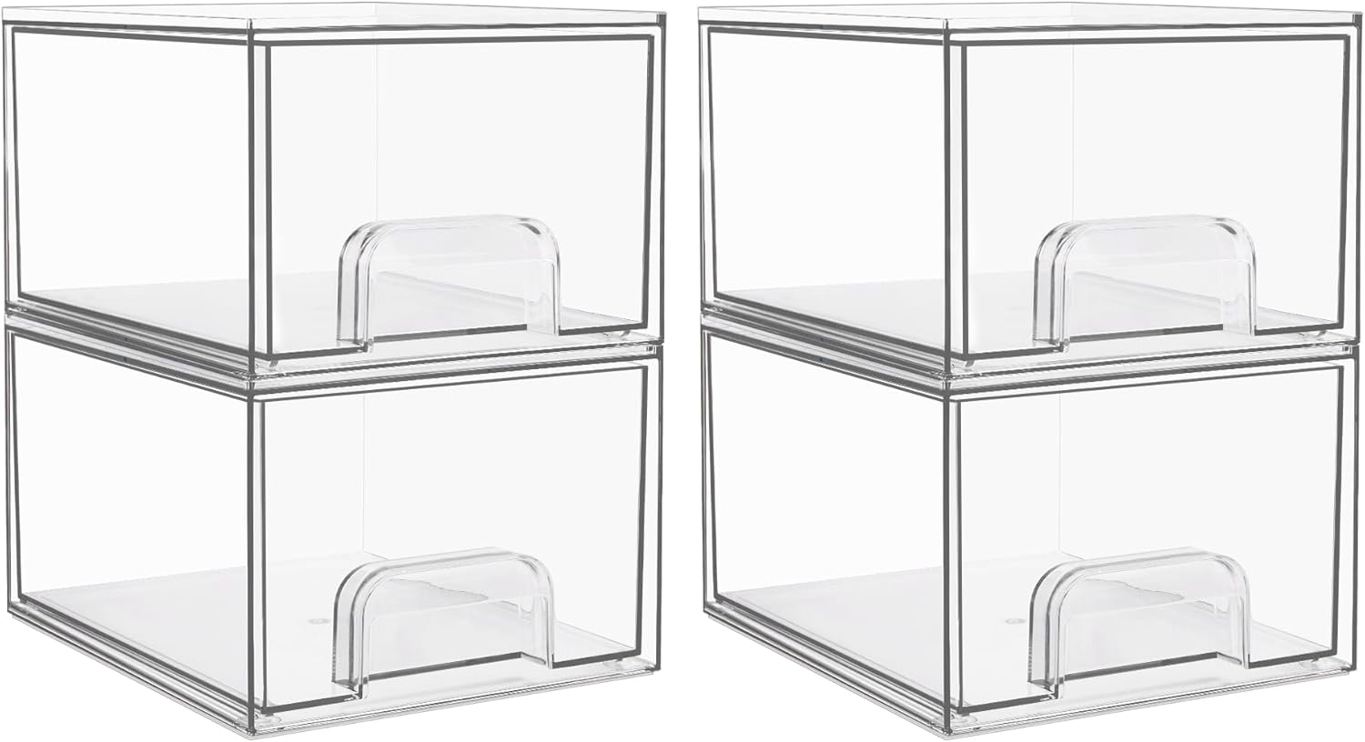 Vtopmart 4 Pack Clear Stackable Storage Drawers, 4.4'' Tall Acrylic Bathroom Makeup Organizer,Plastic Storage Bins For Vanity, Undersink, Kitchen Cabinets, Pantry, Home Organization