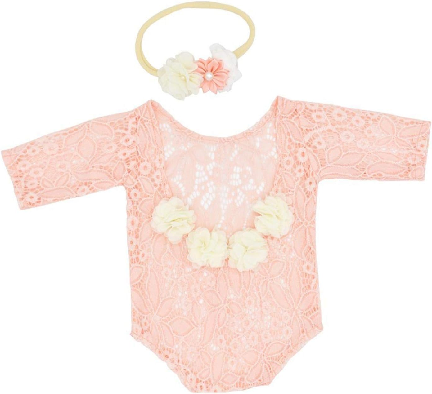 TGUS Newborn Lace Romper Photography Props, Infant Lace Romper Headband Outfits, Newborn Baby Photo Props, Girl Photo Shoot Costume(Pink)