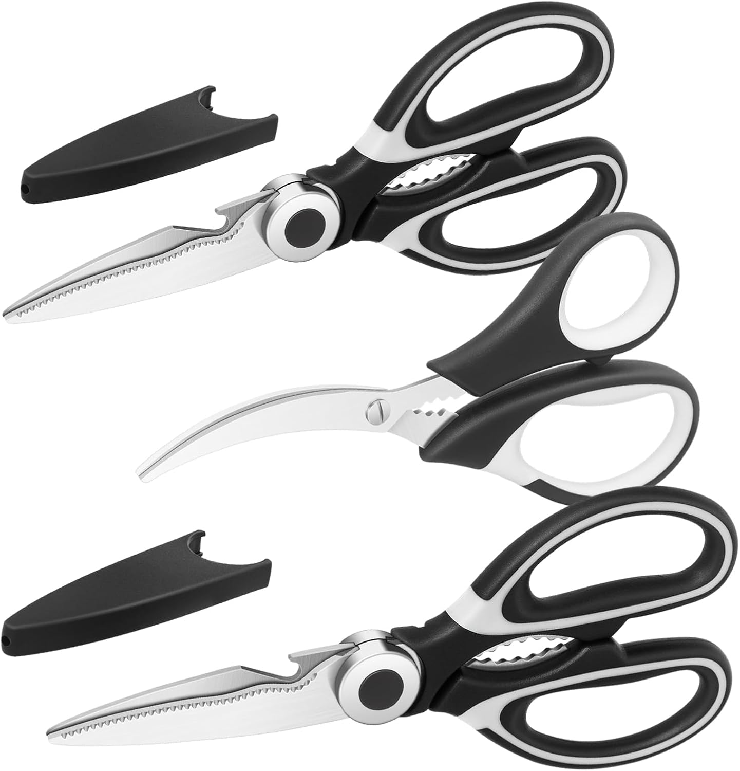 Vutyvve Kitchen Scissors, Multi-Purpose Heavy Duty Meat and Poultry Shears, Stainless Steel Blades, 2 Meat and Poultry Shears, 1 Seafood Shear, Black, Set of 3
