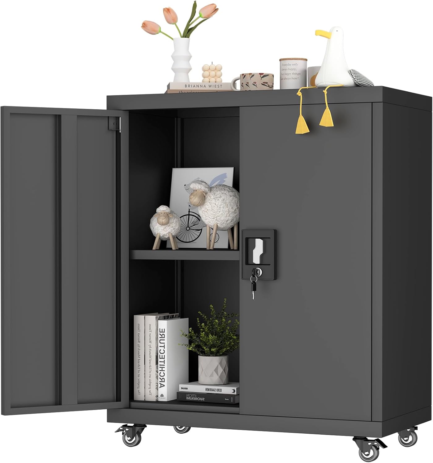 GREATMEET Metal Garage Storage Cabinets with Wheels, 31.5" H Locking Storage Cabinet with Doors and Adjustable Shelves for Garage, Office, Home (Black)