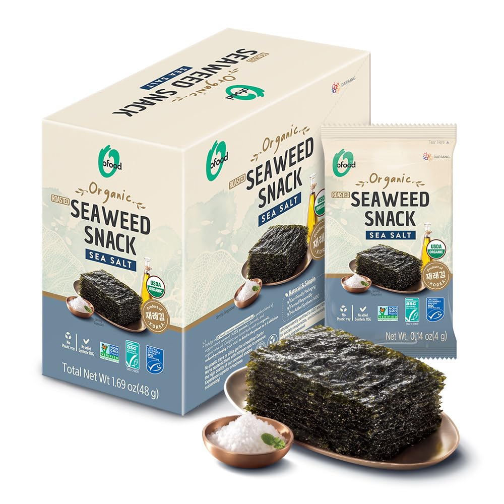 Roasted Seaweed Snack [Sea Salt | Pack of 12] Crispy Korean Laver Sheets | Vegan | Gluten-Free Nori | Low-Calorie | Perfect for Sushi, Rice Bowls, Snacks, Lunchboxes, Picnics, Plant-Based Korean Seaweed Chips - O’food