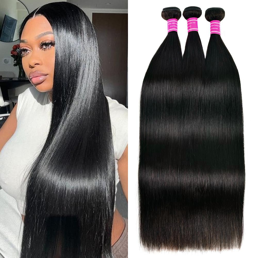 Straight Bundles Human Hair 26 28 30 Inch 3 Bundles Straight Hair 10A Double Weft Hair Extensions for Women 100% Unprocessed Virgin Human Hair Natural Black