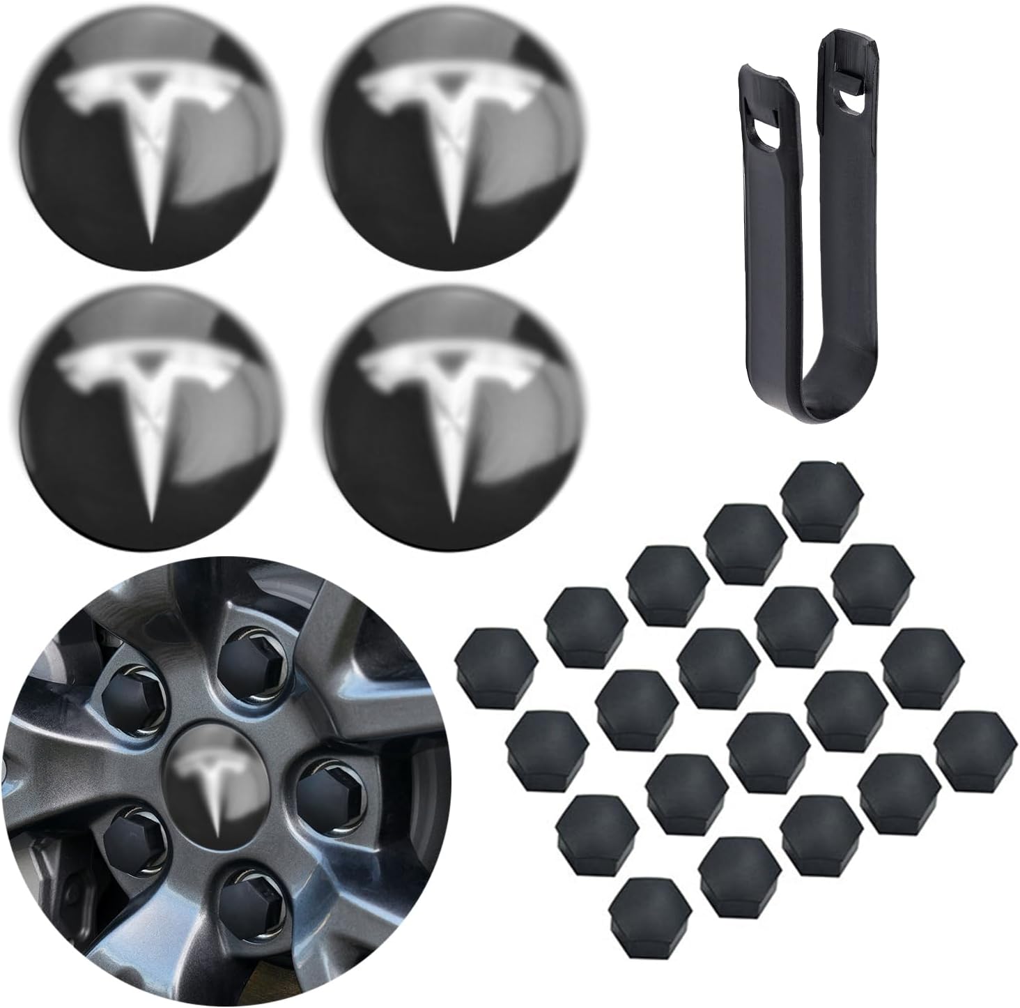 Car Wheel Center Hub Cap Kit with Logo Hubcaps Accessories for TES la Model 3 Model Y 4 Black & Sliver Hub Center Caps + 22 Black Lug Nut Covers (Black&Sliver)