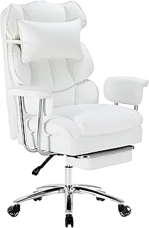 Sweetcrispy Executive Home Office Desk Chair - Ergonomic Big Tall High Back with Footrest & Lumbar Support, Reclining Height Adjustable, Comfy PU Leather Computer Gaming with Swivel Wheels, White