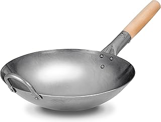 Craft Wok Traditional Hand Hammered Carbon Steel Pow Wok with Wooden and Steel Helper Handle (12 Inch, Round Bottom) / 731W88-12in