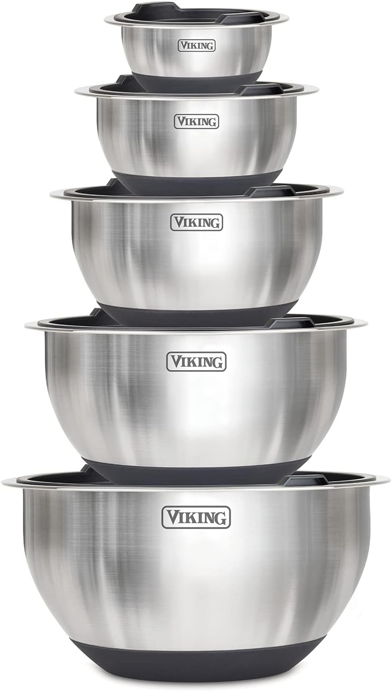 Viking Culinary Stainless Steel Mixing Bowl Set, 10 piece, Non-slip Silicone Base, Includes Airtight Lids, Dishwasher Safe, Black