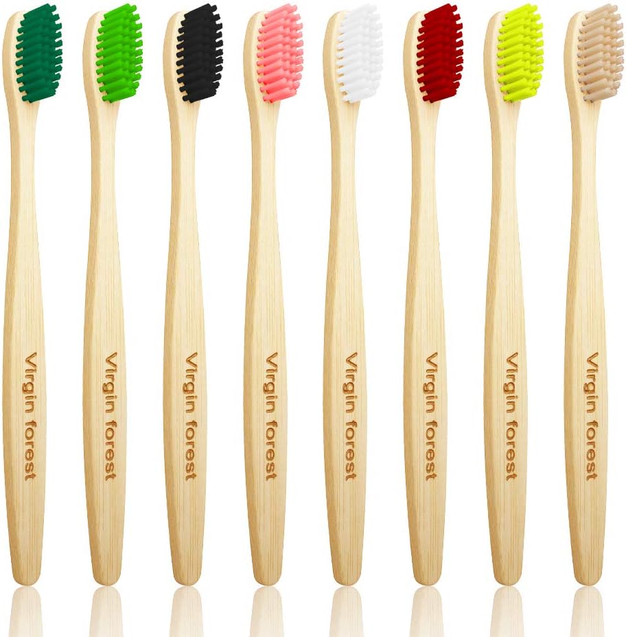 Bamboo Toothbrush, Wooden Toothbrushes, Biodegradable Eco Friendly Vegan Natural Organic Bamboo Charcoal Tooth Brush, Set of 8 Color of Medium Firm Bristles