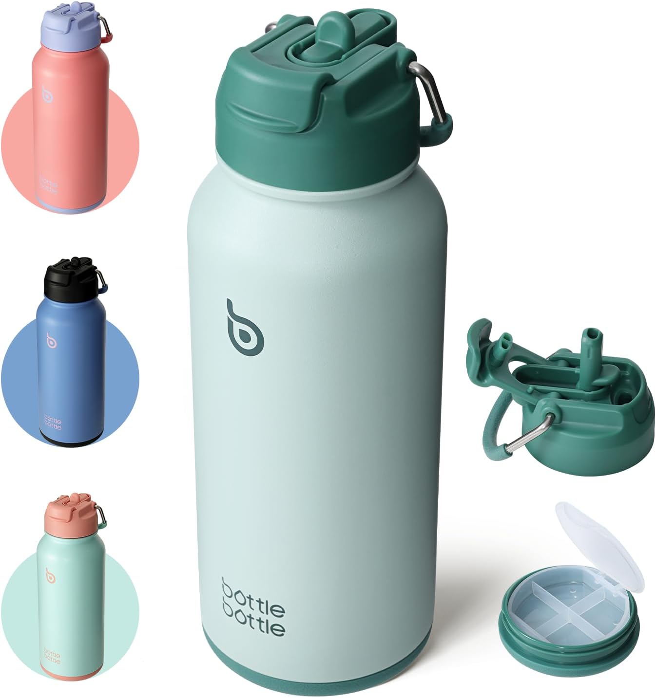 BOTTLE BOTTLE Insulated Water Bottle 950ml(32oz) Stainless Steel Sports Water Bottles with Straw Dual-use Lid Drink Flask Design for Gym with Pill Box (Green)