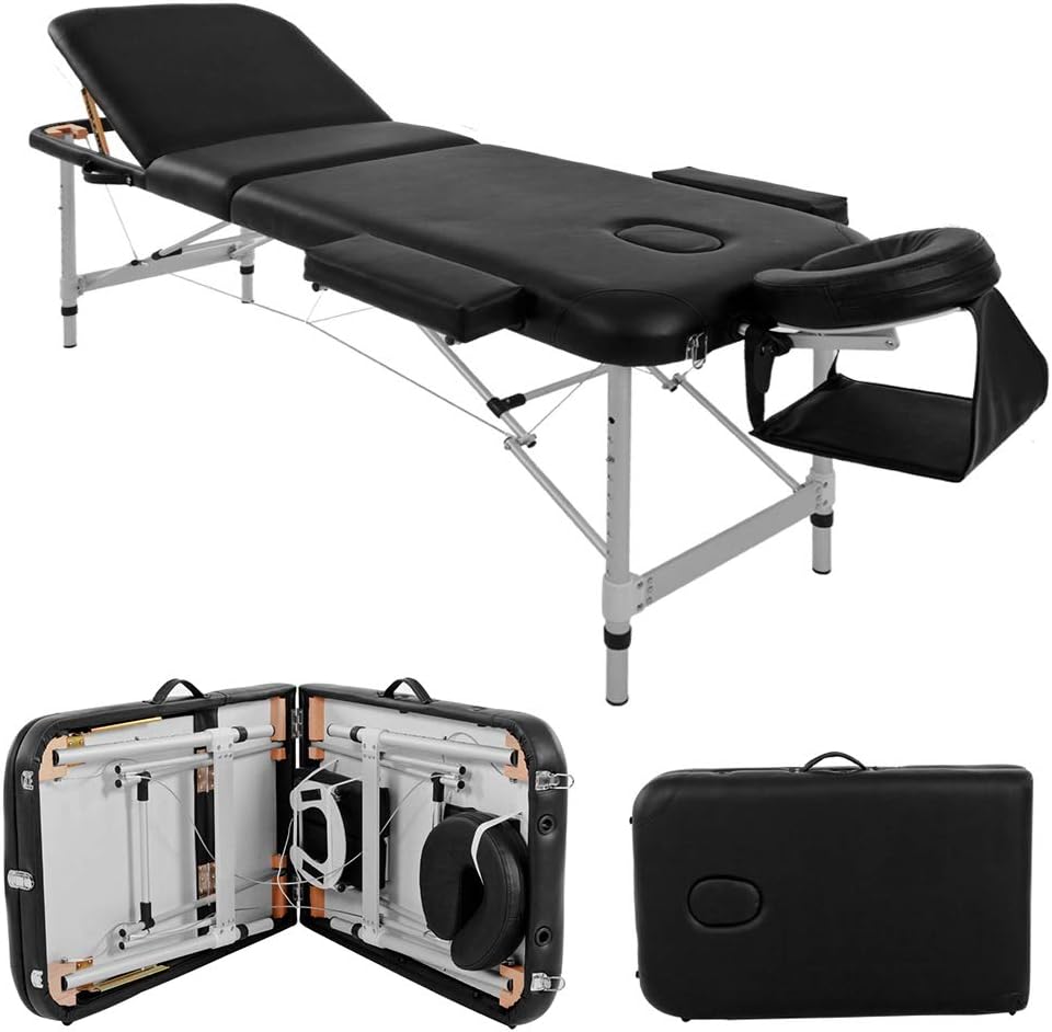 BTM Portable Massage Bed Table, Couch Bed Aluminium Deluxe Lightweight Professional Beauty Tattoo Spa Reiki Folded 3 Section with PU Leather and Density Headrest Arm support,with Carry Bag (Black)