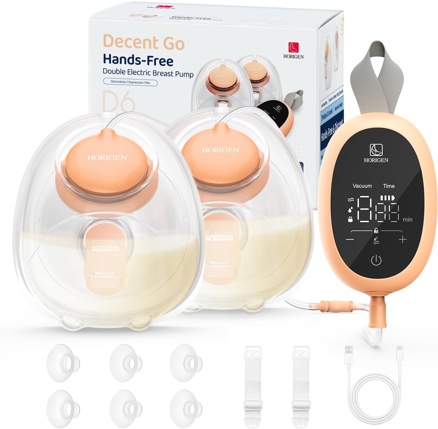 Wearable Hands Free Breast Pump D6, Portable Low Noise Breastfeeding Pump with 3 Modes & 9 Levels, Strong Suction Discreet Electric Breast Milk Pump, 15-25mm Double-Sealed Flange