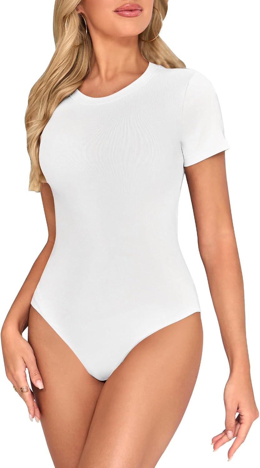 Kefiyis Bodysuit Short Sleeves Bodysuits for Women UK Crew Neck Body Suits Casual Slimming Stretch Leotard Tops with Snap Closure Thong