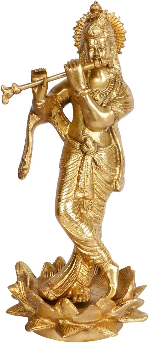 Brass Krishna Statue Standing on Lotus Playing Flute God Religious Idol Krishan Figurine Home Decor(Size 11 Inches)