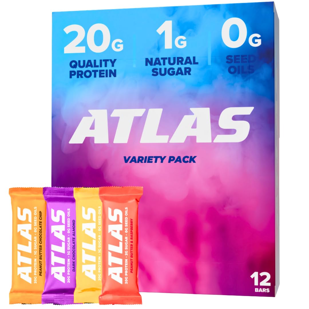 Atlas Protein Bar, 20g Clean Protein, 1g Natural Sugar, No Seed Oils, Gluten Free, No Artificial Sweeteners, Ultimate Whey Variety, 12 Pack
