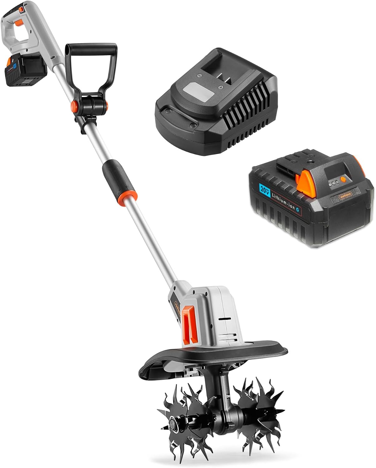 VonHaus Tiller Rotavator Cordless 20V – w/Battery & Charger, G-Series | Electric Garden Soil Cultivator for Lawn & Flower Beds – 16cm Tilling Depth, 20cm Working Width. 4 Blades, Non-Slip D-Handle