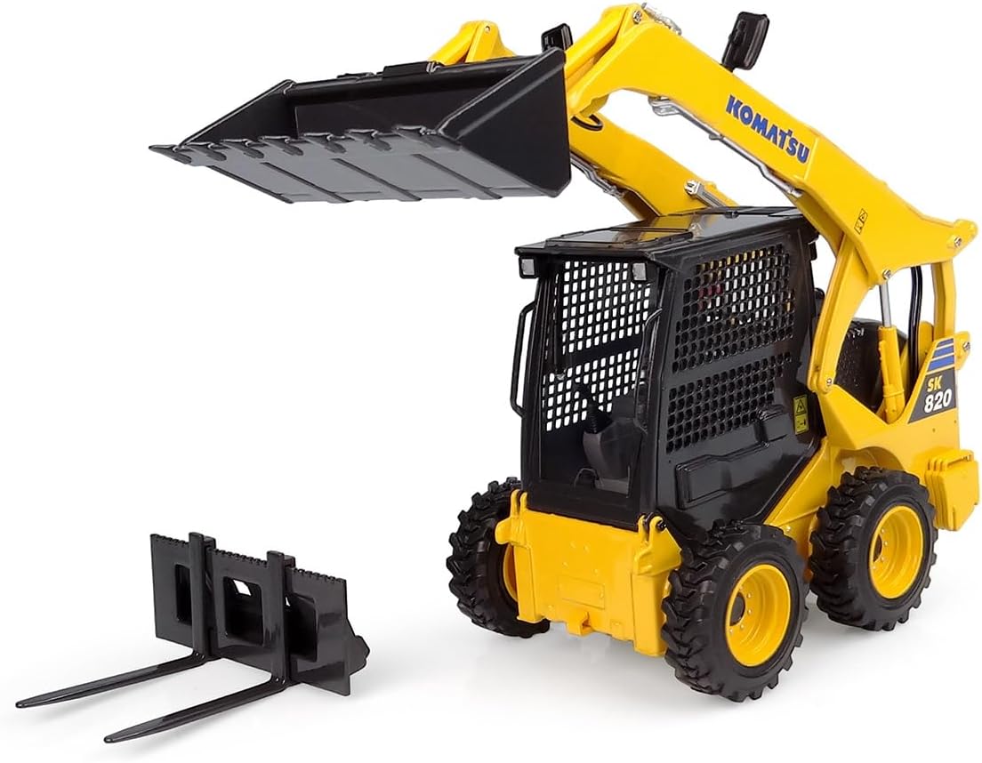 Komatsu SK820 Compact Loader, 1:25 Scale Diecast Model, Yellow with Bucket and Pallet Fork Accessories